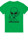 T-shirt med alien som röker och ger fingret – text: I Come In Peace