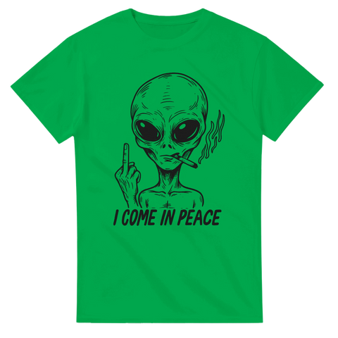 T-shirt med alien som röker och ger fingret – text: I Come In Peace