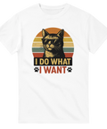 Vit t-shirt med katt i solglasögon framför retro solnedgång och texten I Do What I Want