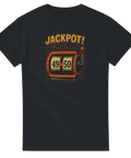 Svart t-shirt med retro slotmaskin och texten “JACKPOT!” där siffrorna rullar från 49 till 50 – perfekt 50-årspresent.