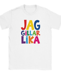 Vit t-shirt med regnbågsfärgad text "Jag gillar lika"