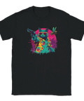 T-shirt med neonfärgad katt i Hawaii-skjorta med pistol och solglasögon