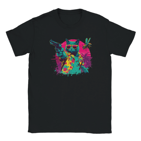T-shirt med neonfärgad katt i Hawaii-skjorta med pistol och solglasögon