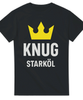 Svart t-shirt med gul krona och texten KNUG STARKÖL i satirisk stil