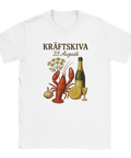 T-shirt med motiv av kräfta, dill, snaps, citron, vitlök och texten "Kräftskiva 23 Augusti"