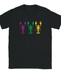 T-shirt med tre kräftor i neonfärger – lila, grön och gul – på svart bakgrund