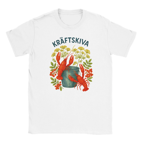 T-shirt med motiv av kräftor, dill och blommor samt texten "Kräftskiva"