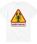 T-shirt med varningsskylt och texten "Kräftskiva" samt kräftmotiv