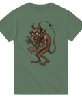 T-shirt med tecknad liten demon med klor, horn och svans i vintage-stil
