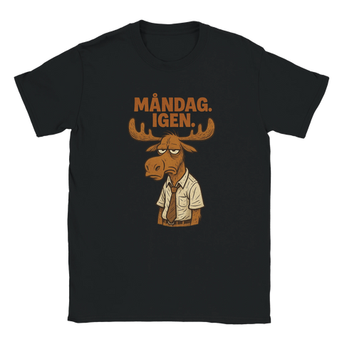 T-shirt med trött tecknad älg och texten "MÅNDAG. IGEN."