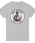 Grå t-shirt med illustration av gravid kvinna och texten "Min kropp, mitt val"