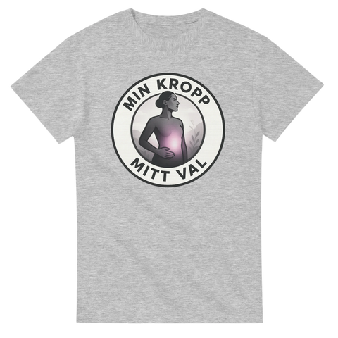 Grå t-shirt med illustration av gravid kvinna och texten "Min kropp, mitt val"