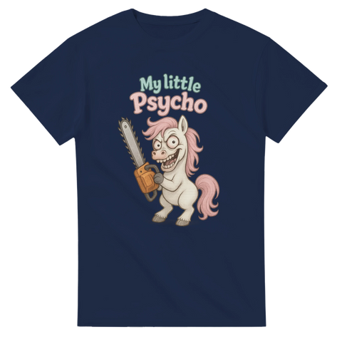T-shirt med motiv av en galen ponny med motorsåg och texten My Little Psycho. Parodi på My little pony