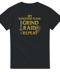 svart t-shirt med texten my weekend plan grind raid repeat och svärd och sköld inspirerad av War of Warcraft