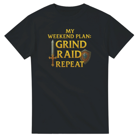 svart t-shirt med texten my weekend plan grind raid repeat och svärd och sköld inspirerad av War of Warcraft