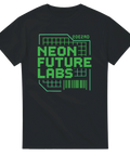 Svart t-shirt med grön futuristisk text NEON FUTURE LABS 2023AD i retrotech-stil