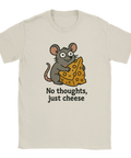 T-shirt med tecknad mus som håller i en stor ostbit och texten "No thoughts, just cheese"