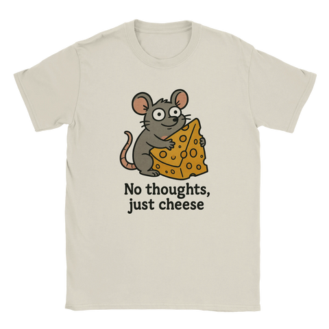 T-shirt med tecknad mus som håller i en stor ostbit och texten "No thoughts, just cheese"