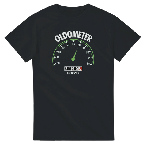 Svart t-shirt med retro “Oldometer” mätare och odometer som visar 60 år och 21 900 dagar – humoristisk födelsedagströja.