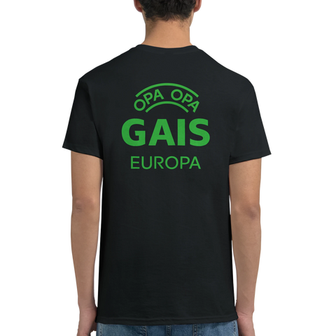 svart t-shirt med grönt ryggtryck opa opa gais europa