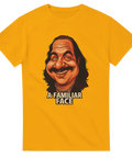 Orange t-shirt med tecknat ansikte och texten “A Familiar Face”