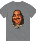 Grå t-shirt med tecknat ansikte och texten “A Familiar Face”
