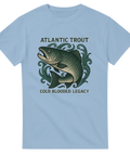 Ljusblå t-shirt med illustration av en atlantisk öring och texten "Atlantic Trout – Cold Blooded Legacy"