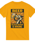 Gul t-shirt med tecknad grävling som dricker öl och texten “Beer Because Murder Is Wrong”