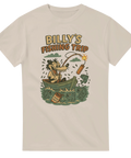 Beige t-shirt med tecknad figur (Billy Badger) som fiskar med dynamit från båt, texten "Billy’s Fishing Trip"