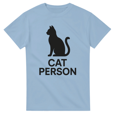 Ljusblå unisex t-shirt med svart siluett av en katt och texten "Cat Person"