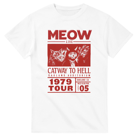Vit t-shirt med röd vintageinspirerad turnéaffisch där fyra katter presenteras som rockbandet MEOW och texten "Catway to Hell – 1979 Tour"