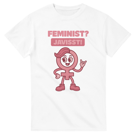 T-shirt med tecknad feministisk figur och texten "Feminist? Javisst!"

