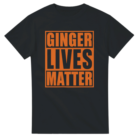 Svart t-shirt med orange texten “Ginger Lives Matter” i blockstil