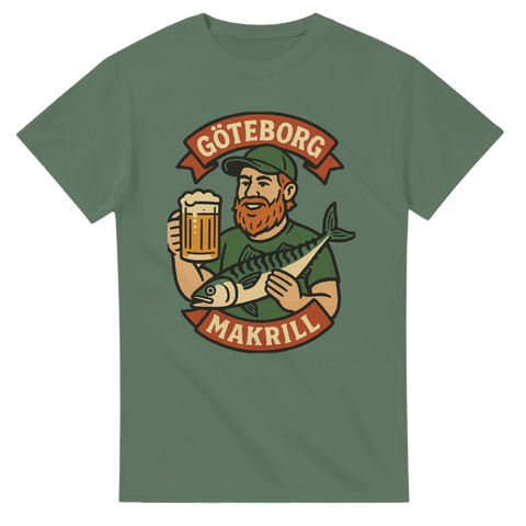 Grön t-shirt med tecknad rödskäggig man som håller i en öl och en makrill, text "Göteborg Makrill" i banderoller