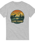 Ljusgrå t-shirt med silhuett av fiskare som drillar en stor fisk i solnedgång, med texten "I Love Fishing"