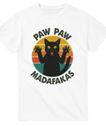 Vit t-shirt med svart katt som sträcker ut tassarna och texten "Paw Paw Madafakas"