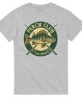 Grå t-shirt med vintagebadge av abborre, text "Perch Club – Est. 1956" med korslagda fiskespön