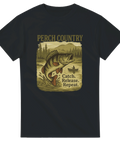 Svart t-shirt med abborre som hoppar framför skogssjö, text "Perch Country – Catch. Release. Repeat."