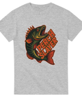 Ljusgrå t-shirt med färgstark illustration av abborre i attackställning och texten "Perch Slayer" i röd retrostil