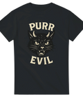 Svart t-shirt med ilsken svart katt med horn och texten "Purr Evil"