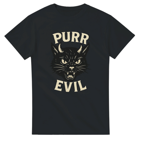 Svart t-shirt med ilsken svart katt med horn och texten "Purr Evil"