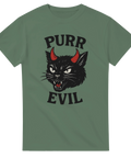 Grön t-shirt med svart katt med röda horn och texten "Purr Evil"