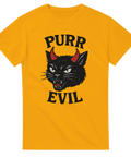 Gul t-shirt med svart katt med röda horn och texten "Purr Evil"