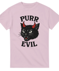 Ljusrosa t-shirt med svart katt med röda horn och texten "Purr Evil"