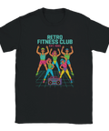 Svart t-shirt med 80-talsinspirerad design föreställande fem personer i neonfärgade träningskläder som gör aerobics framför en boombox