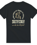 Svart t-shirt med texten "Skitfiske! – om det ska bli fisk" och illustration av en fiskare med krok