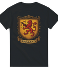 Svart t-shirt med gyllene vapensköld och röd lejonfigur med armborst, texten "SMALAND"