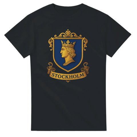 Svart t-shirt med gyllene vapensköld, kunglig profil och texten “Stockholm”