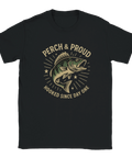 Svart t-shirt med abborremotiv och texten "Perch & Proud – Hooked Since Day One"