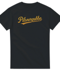 Svart t-shirt med retro textdesign "Pilsnergubbe" i guldfärg